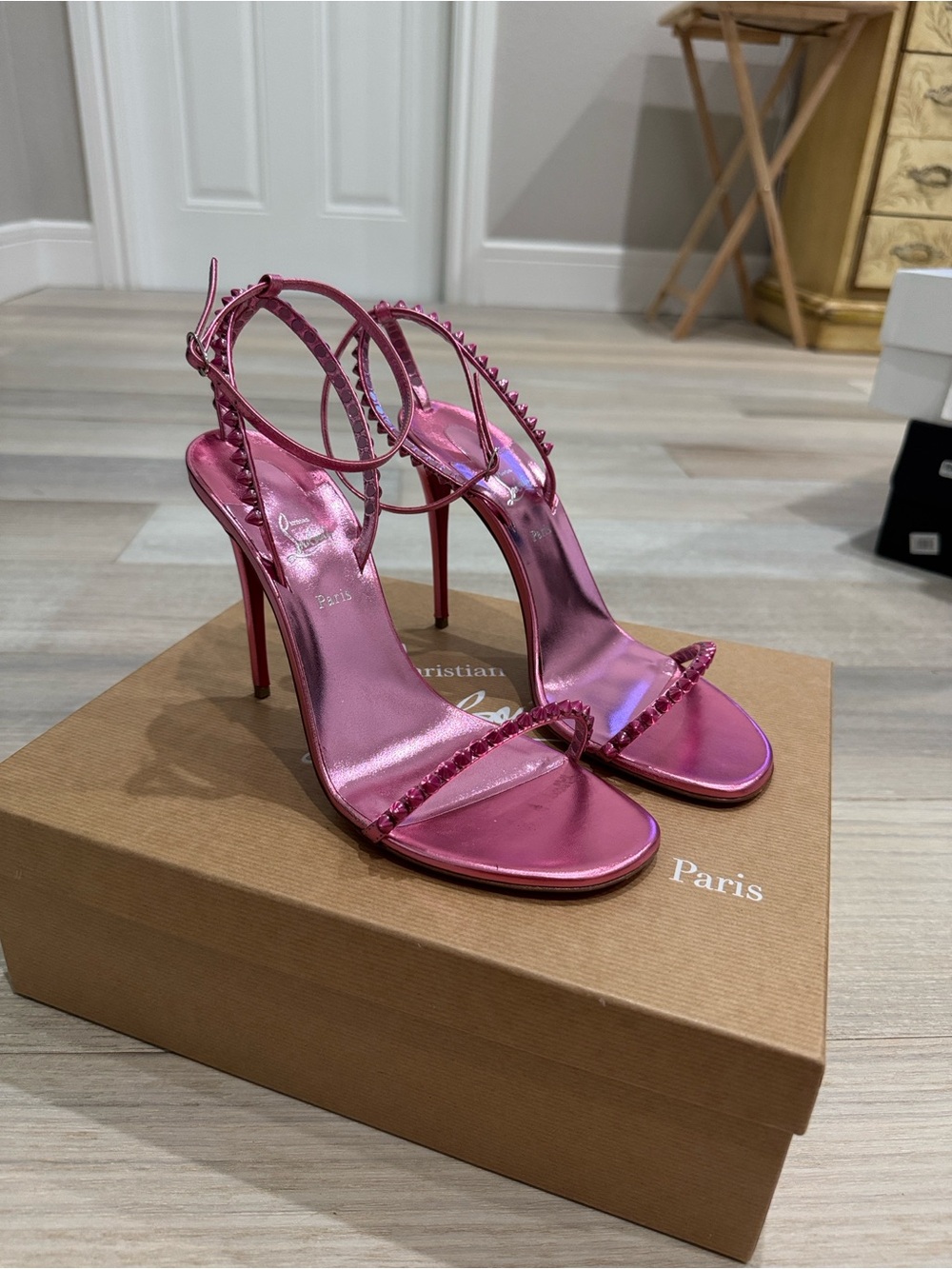 Christian Louboutin: Like New — Pink Metallic Studded Stiletto Sandals Size 39.5